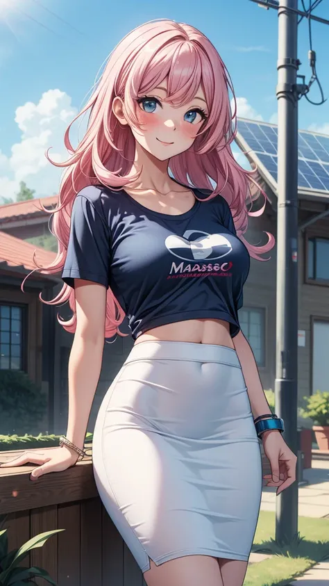 ((masterpiece, best quality:1.3, high detail)), beautiful woman posing by solar panels, smile, long wavy hair, (pink hair), (full-face blush), ((blue t-shirt), graphic tee), (long white midi pencil ((skirt))), large breasts, skirt belt, tight skirt, bracel...