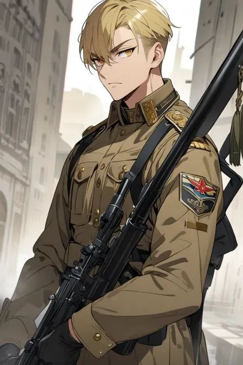 blond, man, short hair, golden eyes, military outfit, rifle