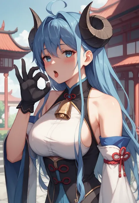 finely detailed beautiful eyes:1, moody, 1girl , solo, horns, long hair, chinese knot, detached sleeves, flower knot, gloves, ahoge, architecture, bangs, bare shoulders, bell, black gloves, black pantyhose, (blue hair), medium breasts, neck bell, blush,舌を出...