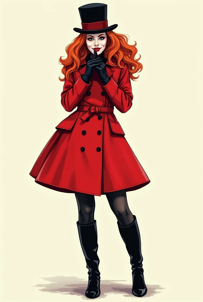 hand drawing style, woman,  red hair, far away. Theatrical mask on the face  (Comedy). wears a red coat ,  black high boots ,  hat of the same color as the coat with the same color as the coat. black gloves.