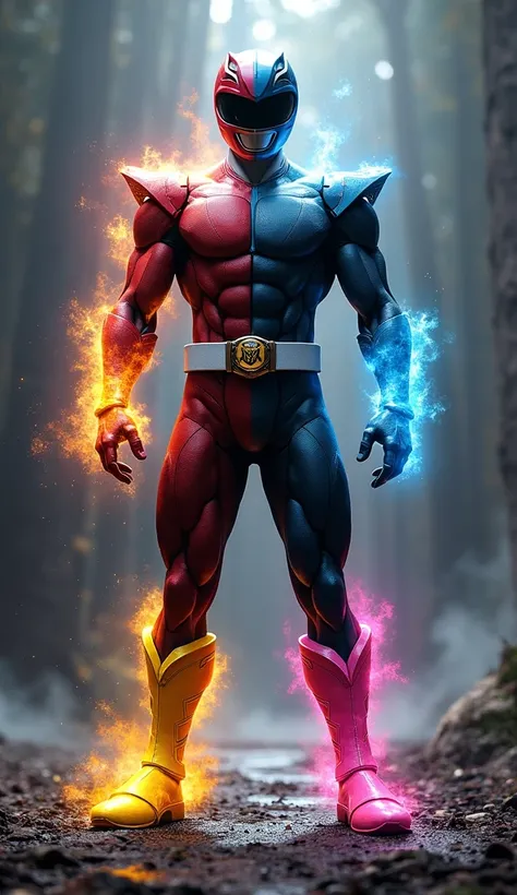 Power ranger red and black and yellow and pink and blue becoming a hybrid power ranger