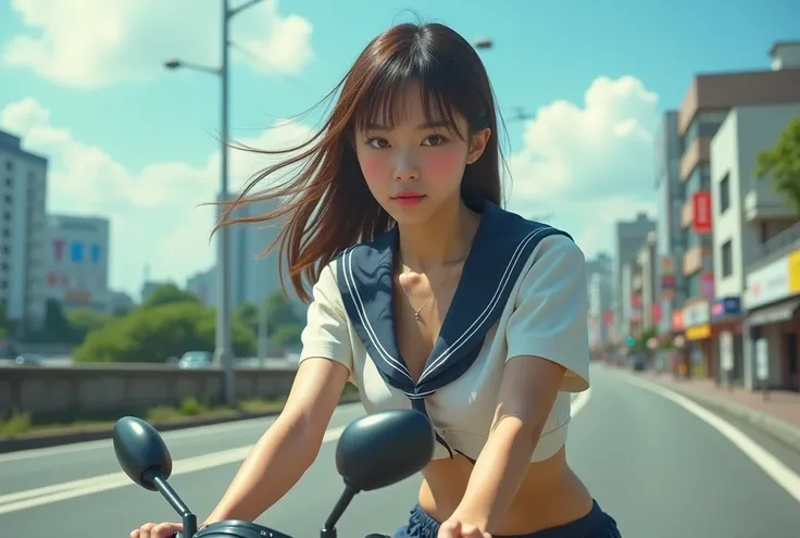 (Realistic:1.3) Photography, (Realistic:1.3), Viewer discretion advised:-2, (1. woman:1.21), from side:1.5, Beautiful one Japanese woman:1.21, Idol-like beauty, Bike Rider:1.21, Cute Japanese womans face:1.21,  beautiful Japanese womans face:1.21,  Anatomi...