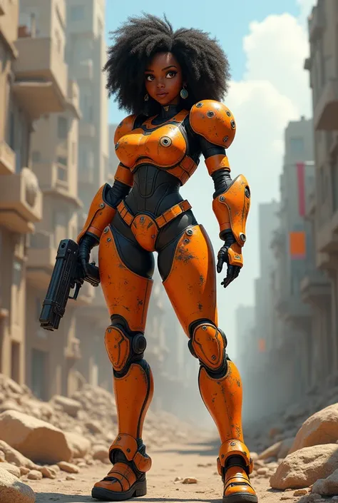 Pixar Style Girl full Body View wearing a ultrarealistc Style Future armor made of metal, painted in matt orange, color white signs of wear, The armor has abrasions, dents and bullet holes, girl has tattooed face and black curly hair, she has a confident p...