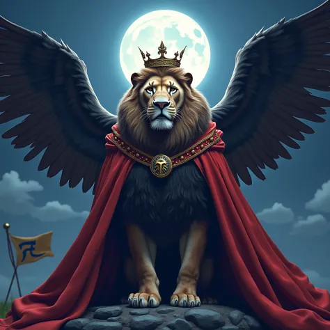  A large and strong Lion wears a large cloak in red and blue colors,  and has a crown on its head and wears a magic necklace .  stands before your throne with wings .
In the background an Aries flag . moonlit night.