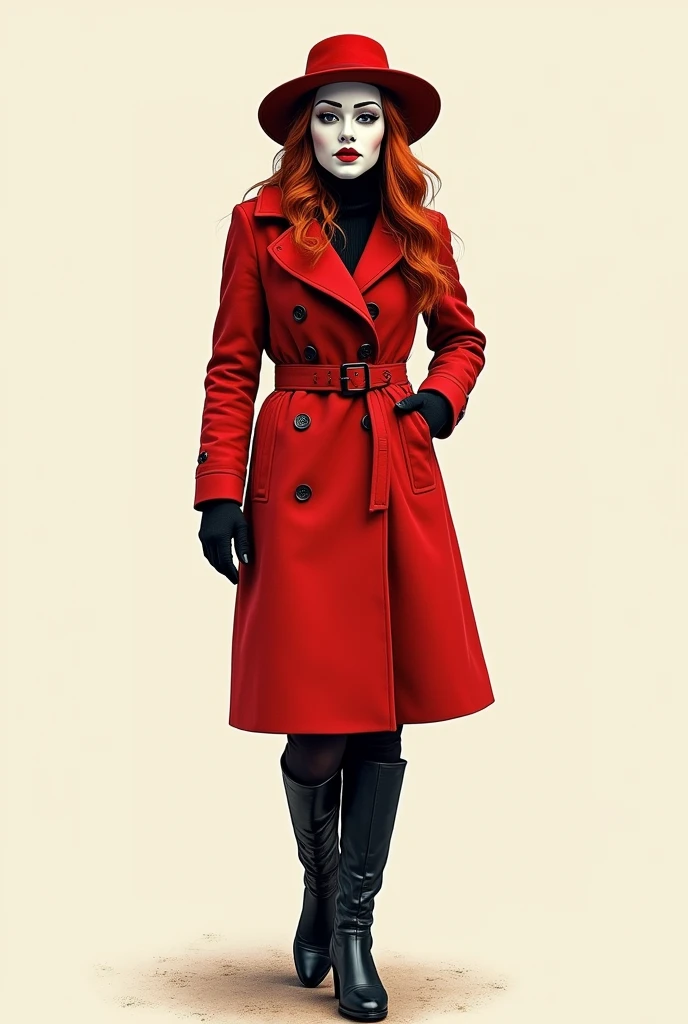 hand drawing style, woman,  red hair, far away. Greek theatrical mask on the face (Comedy). wears a red coat ,  black high boots ,  hat of the same color as the coat with the same color as the coat. black gloves.  Not very realistic . without makeup. 