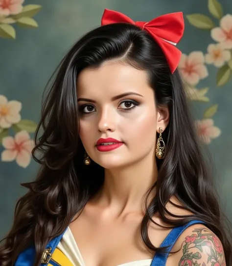 beautiful snow white pin up girl in the style of Walt Disney, dressed in a blue and yellow dress with a red bow on her head, black hair, fairytale body art, in the style of Artgerm illustration, tattoos, pinups, golden age aesthetics, hyper detailed, high ...