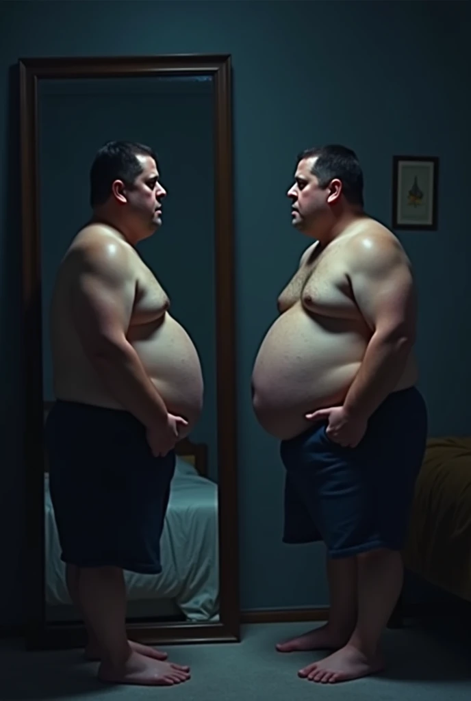 A man obese standing in front of a mirror in a dimly lit bedroom, looking at his reflection with a thoughtful expression. He is holding his stomach with one hand, contemplating. The room is simple and cozy, with a sense of introspection. The mans face show...