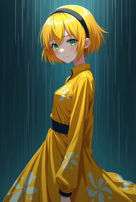 Masterpiece, 23 years old, anime girl, black headband, yellow short hair, green eyes, {{long-sleeved idol pop dress}}, full body, emotionless, only dark-blue background, raining