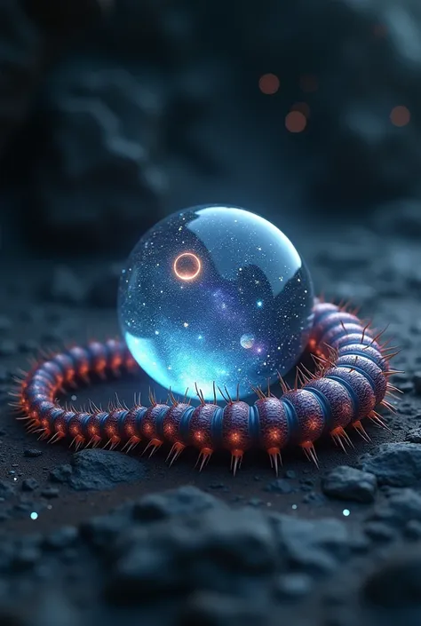 a millipede worm with a cosmic ball with the stars and the solar system are inside the ball the ball is there on the floor of the image