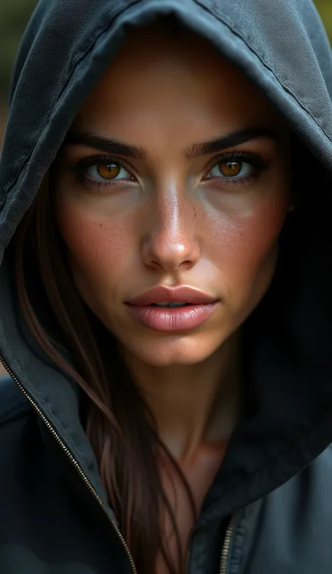 Sexy woman with modern hood. Close view, front view