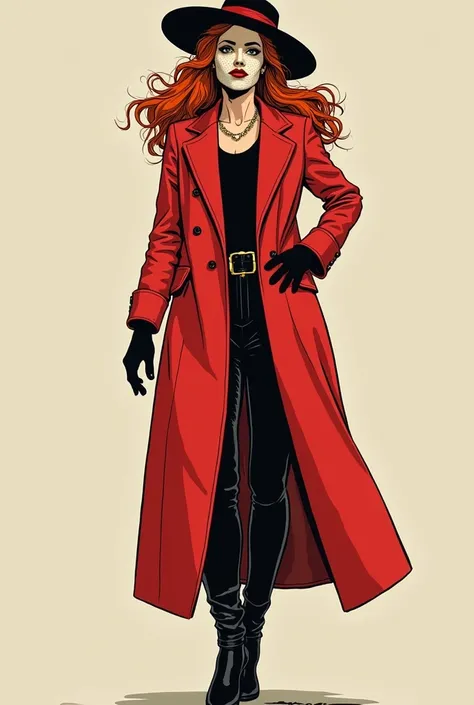 hand drawing style, 80s cartoon, woman,  red hair, far away. Greek theatrical mask on the face (Comedy). wears a red coat ,  black high boots ,  hat of the same color as the coat with the same color as the coat. black gloves.  Not very realistic . without ...