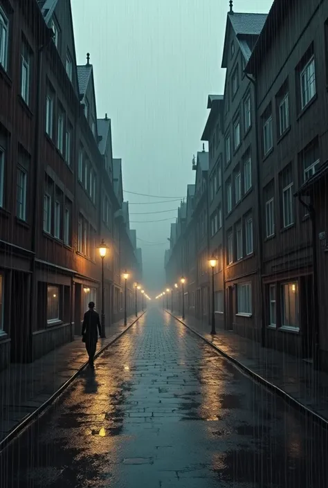 Rainy day on the empty streets of the German city in the 1940s