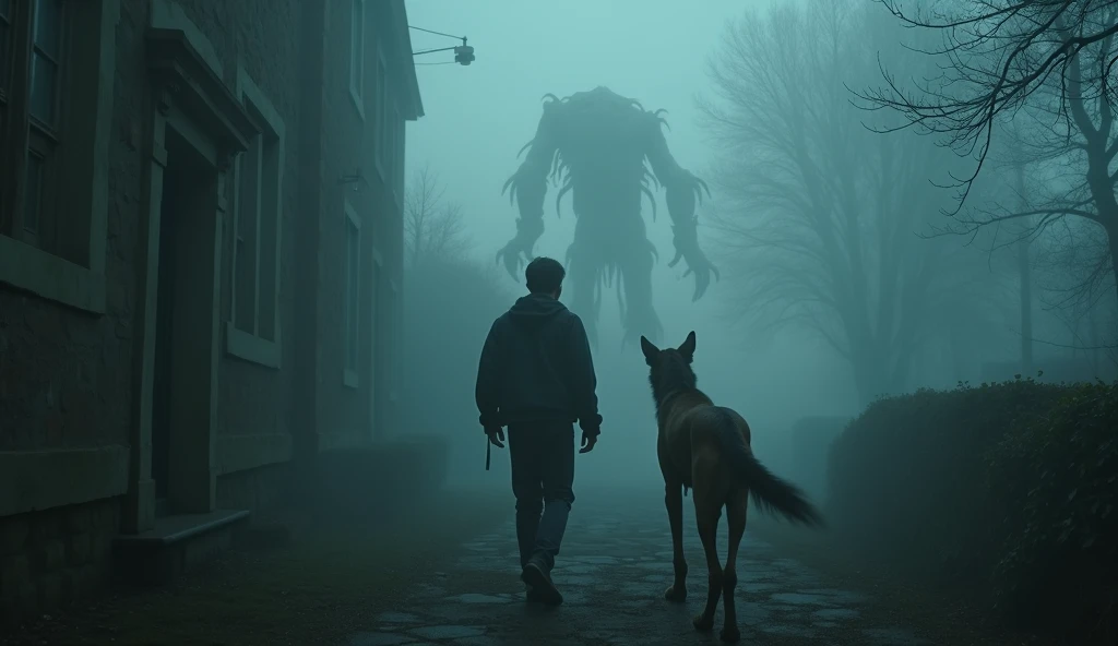 a. Shot type, lens, and view:
A [wide-angle shot] from behind the young man and the towering Irish Wolfhound as they step out of the ancient house.
The lens is set to a [35mm cinematic wide shot], emphasizing the claustrophobic isolation of the protagonist...