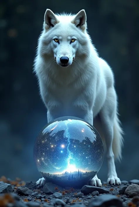 A great white wolf with a cosmic ball with the stars and the solar system are inside the ball the ball is there on the floor of the image