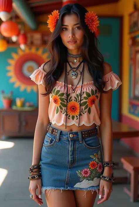 Clothing allusive to the Day of the Dead in a denim mini skirt that is not so bare 