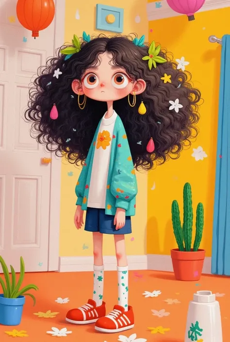 Cartoon girl with big curls standing in a room , Broccoli Hair ,  cute detailed digital art ,  colorful illustration , Lovely art style, 可爱的数字艺术, Cute illustrations,  可爱的细节艺术品 , Colorfull illustration,  art on artstation ,  a beautiful art illustration , F...