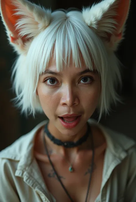 1girl, High Resolution, Masterpiece, Anatomically Correct, Award Winning, 16k UHD, A matured Malay woman, close up photo, Cowboy shot, with white short hair, blue eyes, with fox ears ears and tail, Open Mouth, Fang, 