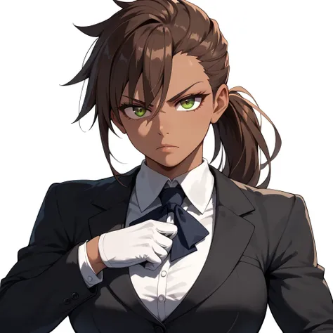 girl, long hair, ponytail, brown hair, tanned skin, tomboy, muscular, tall, big breats, suit clothes, serious face, brown eyes, extremaly detailed eyes, perfect hands, masterpiece, simple background, perfect lighting, strong woman, ratatatat74