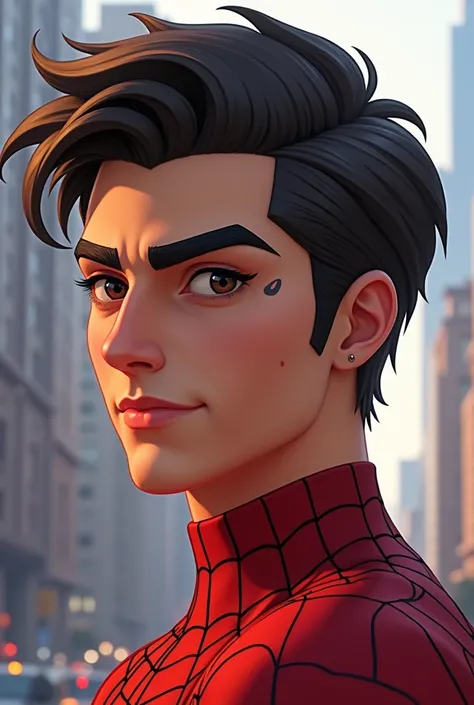 I want you to make Spider-Man like a very handsome boy with an eyebrow piercing, with full eyebrows and a mole near his mouth. 
