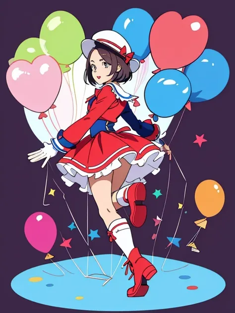  a 17-years-old girl, sissy, loli, cancan uniform, (((having balloons))), boots, geometric background, (((full body))), big ribbon, looking back at me, hat, long flare skirt, tricolor