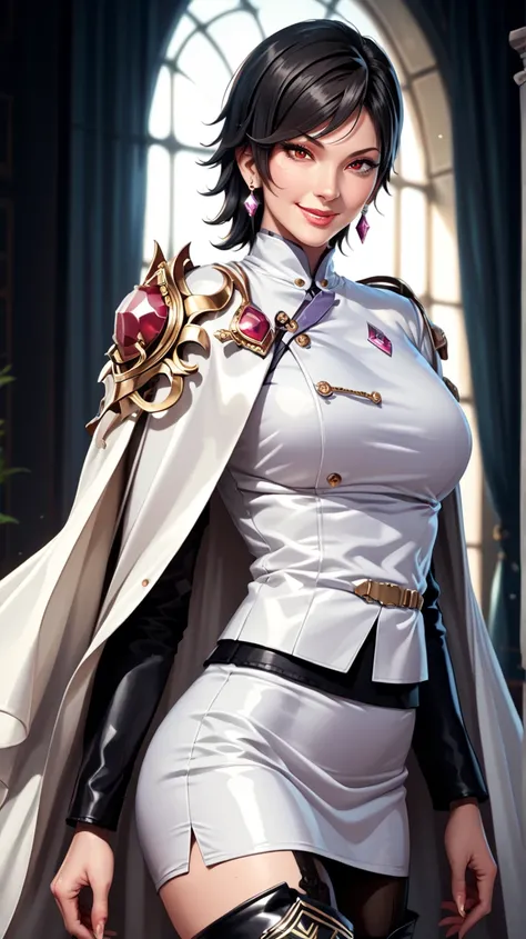 score_9, score_8_up, score_7_up, score_6_up, cowboy shot,anime style, smile,semi-realistic, Julia Bloodstone, 1girl, mature female, black hair, short hair, red eyes, earrings, lips, white uniform, miniskirt, black pantyhose, thigh boots, white cape, transp...