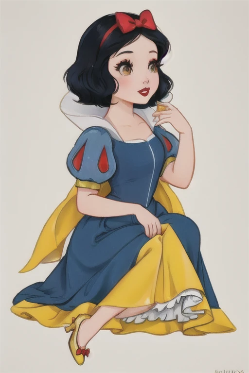 "SnowPrincess, Snow White", redhair bow, red lips, makeup, blue dress, puffy sleeves, yellow skirt, yellow shoes, heels, black hair, short hair (neck length), brown eyes