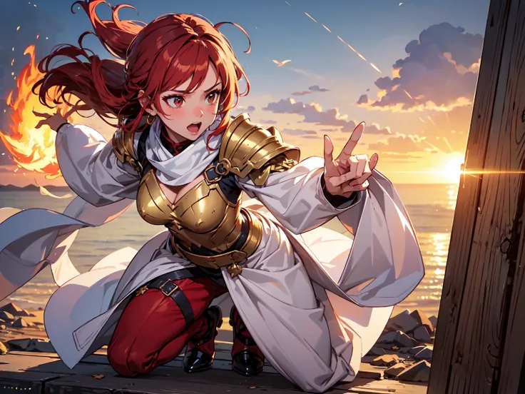 (((masterpiece, best quality, high detailed, 16k))) (1girl) A powerful female warrior with fiery red hair, clad in golden armor that shines like the sun. Flames flicker from her sword, and her expression is one of intense energy and passion. She commands t...