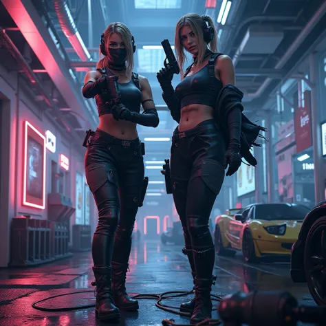 ((high quality)), ((masterpiece)), 8k, 2girls, cars, light rays, extremely detailed CG unity 8k wallpaper, cg game, looking at viewer, gloves, boots, full body, watch , computer, mask, drone, holding gun, headphones, jacket, bag, backpack, cameltoe, neon