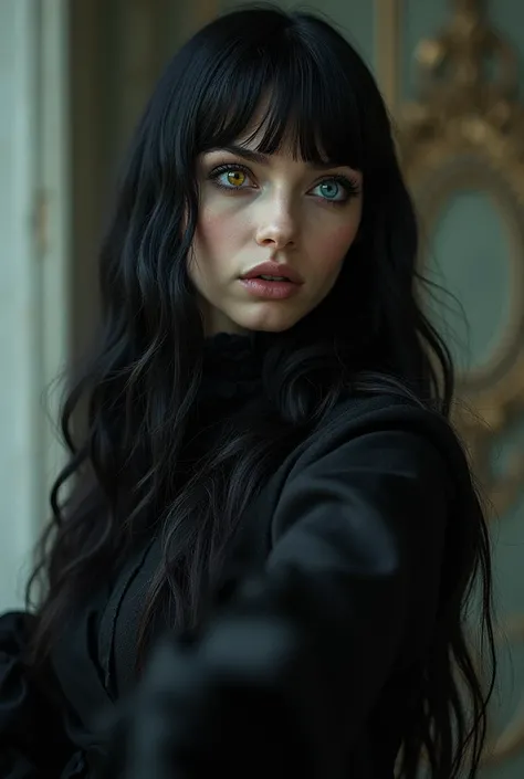 Profile image, Realistic image of a gothic woman, beautiful, fair skin, long black hair, different colored eyes, one blue and the other yellow, passionate look, arms outstretched, dressed in Victorian gothic style, woman with arms extended forward