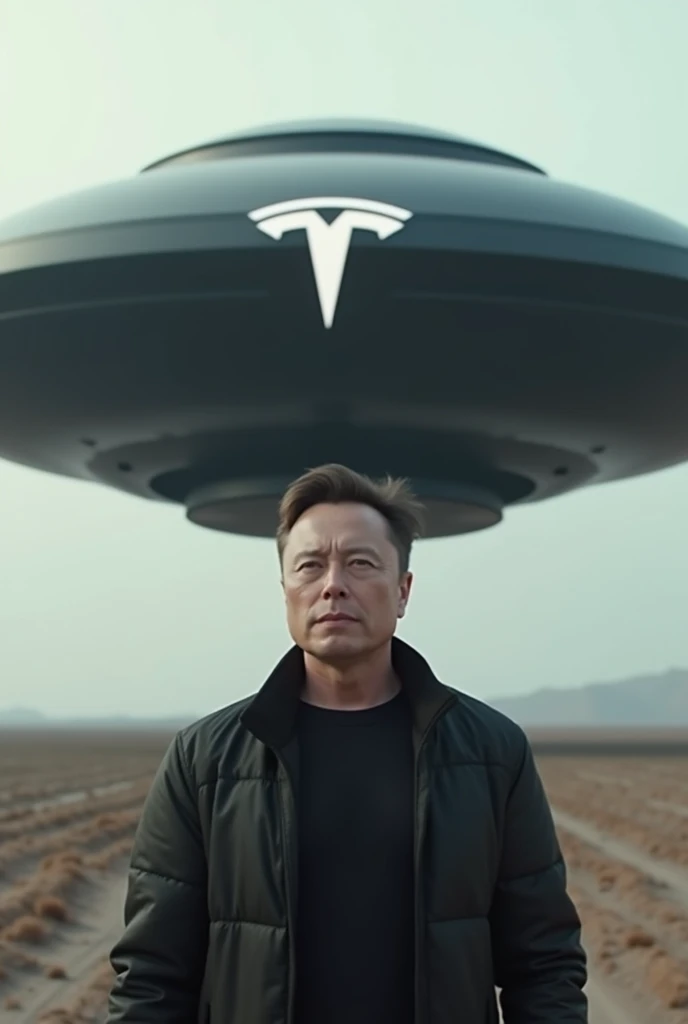 ELON MUSK IN FRONT A GIANT BLACK ufo with a tesla logo , he is looking to the front