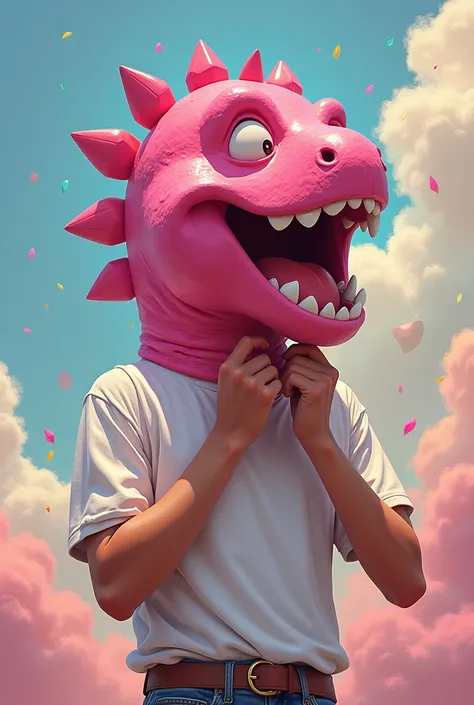 Create an image of a  putting on a pink dinosaur mask and transforming