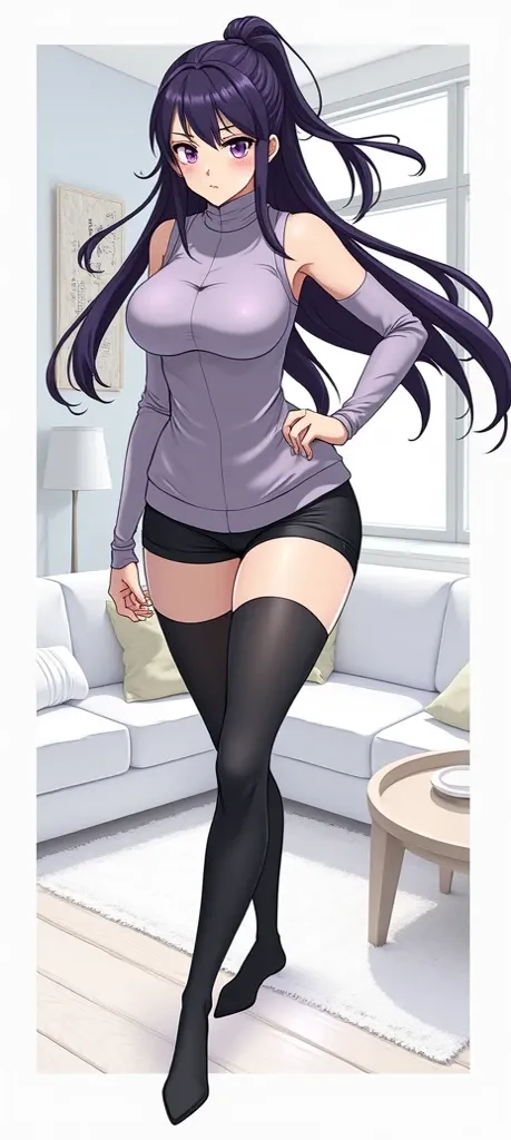  Adult woman with long dark purple hair , purple eyes and a serious expression .  She wears an outfit inspired by the ninja style ,  that includes a lavender gray sleeveless blouse,  shorts and high socks in black . her bust is big.  The background of the ...