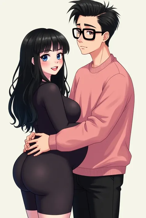 Couple, She is gothic with a curvy body, big cheeks, big butt, black hair with blue and big brown eyes, clear skin, He has straight hair combed upwards and small rectangular glasses and a wide nose and a pink sweatshirt and black pants.