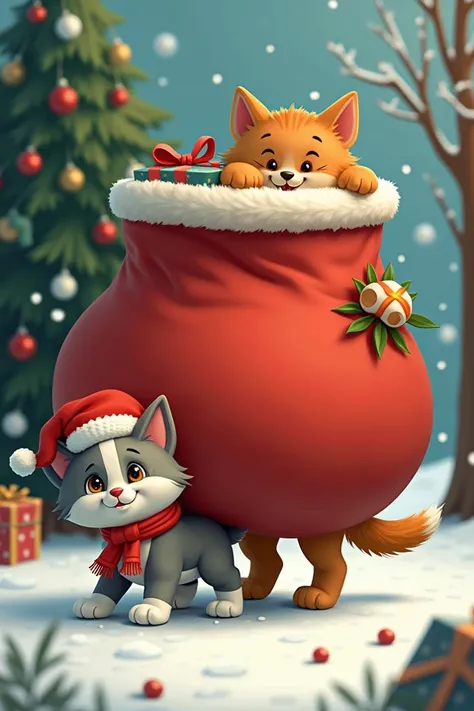 A cat and a dog with a Christmas sack 
