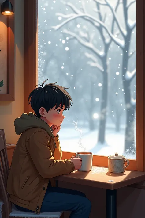  A cute boy looking out the window alone while drinking hot tea at a cafe in winter, Its snowing outside ,  And it looks exciting 