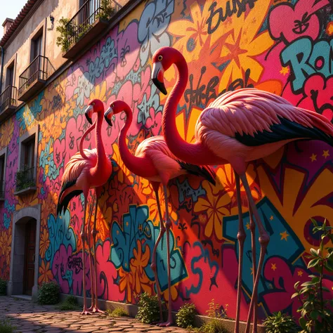  Walls with graffiti mixed with flamingo patterns .
 contrast of light and shadow ,  evoking the intensity of flamenco and the harshness of underground rap .