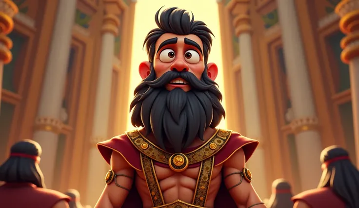 3D cartoon of King Darius , King of Babylon still a young man with about 25 years of beard and standing as if he were talking 