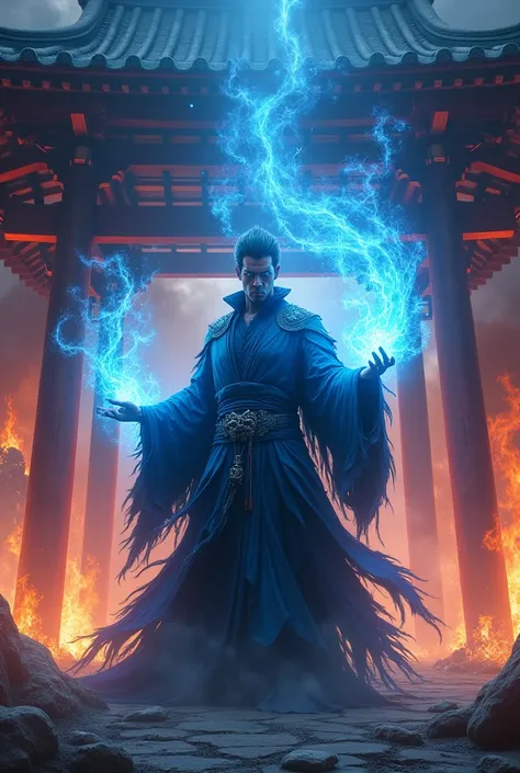 A mysterious Oriental evil sorcerer with a penetrating blue gaze with filaments of blue magic flying around, remains inside a Japanese temple ,in the middle of the fire. Epic fantasy style 