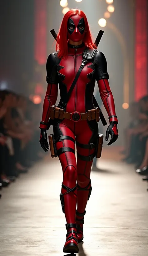 A  girl with red straight hair, wearing a red Deadpool costume without a mask ,  are walking on the stage of a fashion show with bright lighting. full body