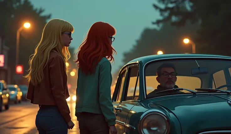 Full shot. 2 girls, one blonde and one redhead with glasses. Standing on the street next to an old car and behind the wheel is a 30-year-old man with medium-straight hair. Looking at them.. cinematic. dramatic lighting. illustration