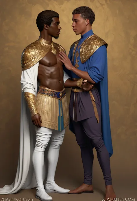 an interracial gay male couple of men in full royal garb romantic embrace, fully clothed, nice pants, face to face, european and african, homoerotic, darius zawadzki and tom bagshaw, inspired by Hedi Xandt, brown skin man egyptian prince, by Hedi Xandt, ed...