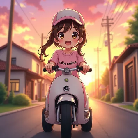 A happy beautiful girl，Dressed in casual attire，Ride a small electric，With a baseball cap，The background is the village，Sunset and sunset，Face the camera，Full body photo，Ultra-high definition name chibi sakura written on her attire in bold STYLE