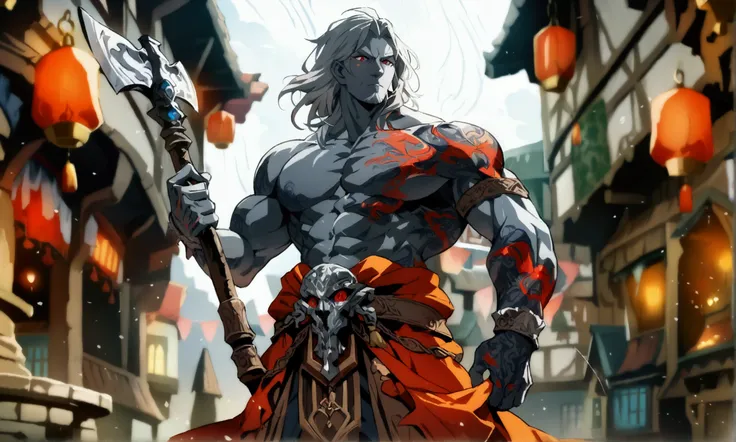 Muscular giant man, gray skin, medium hair, red eyes, tattoos on the body, baggy pants, holding a large axe, medieval village background, ((Anime character design)), ((2D anime style)), ((Dramatic studio lighting)), ((2D fine lines)), ((Stunning focus)), (...