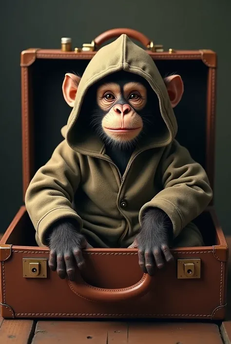 A hooded monkey sitting in his briefcase