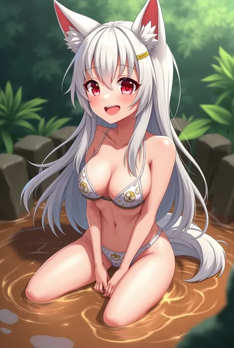 1 girl,  looking at the side with a very cheerful expression ,  white hair ,  big breasts, totally naked pink nipples , Ojos rojos, orejas de lobo, taking a brown mud bath ,  the mud reached his chest,  nature background , sitting ( anime style)