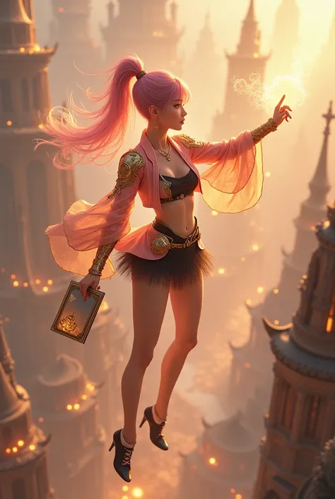 UHD 8K magic , Young Korean woman emo hair peach ponytail wearing peach suit black mini skirt witch armor shining fractal gold like wizard wearing boots is standing in the air above Mambawa city magic wand is reading spells The woman is flying hovering wit...