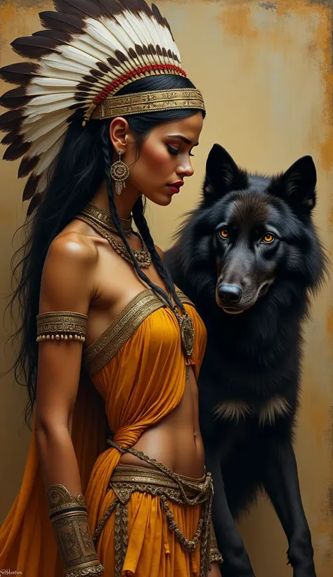  picture of a woman with apache feathers and a black wolf, airbrush, draped in gold, loincloth, native American makeup, warrior girl, oil on canvas detail, wolp, woman warrior formidable and charming, beautiful aesthetic, artistic 8 k, beautiful avatar 8 k...