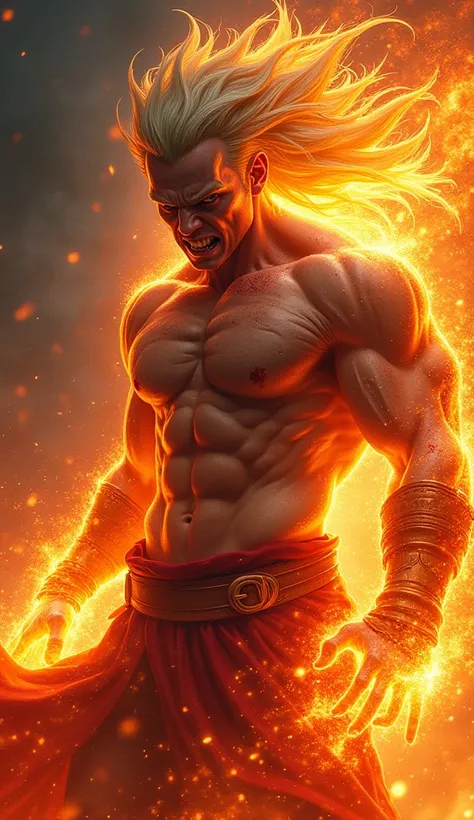 " A powerful warrior with pointed and shining hair ,  surrounded by an intense aura of fire and energy . His expression shows anger and determination ,  with defined muscles and battle wounds .  The environment is full of sparks and flames that reinforce t...