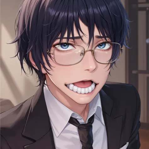 anime boy with glasses and tie looking at the camera, inspired by Okumura Togyu, anime moe artstyle, 2 d anime style, tall anime guy with blue eyes, inspired by Okumura Masanobu, anime boy, young anime man, made with anime painter studio, [[[[grinning evil...