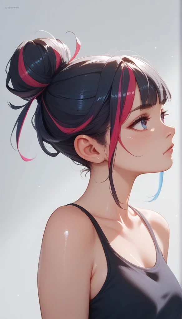 nsfw, 1girl, streaked hair,  shiny hair, hair bun, 